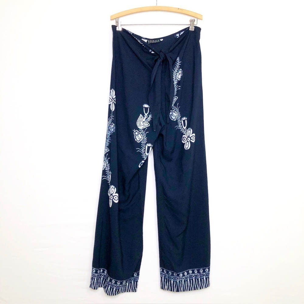 Kenar Studio Navy blue BoHo floral, print tie, front wide, leg pants